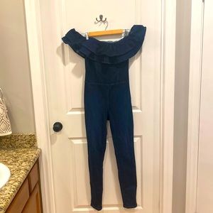 Guess denim jumpsuit with ruffle off-the-shoulder detailing